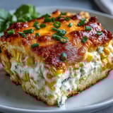 Hot Crack Corn Dip bubbling with golden cheese, sweet corn, and green onions, ready to scoop with chips.