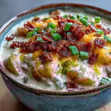A hearty bowl of Loaded Potato Soup topped with melty cheddar cheese and bacon crumbles, served beside crusty bread.