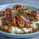Tender Slow Cooker Honey Mustard Chicken resting in a rich, golden-brown sauce, garnished with fresh parsley and garlic cloves.