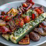 Perfectly charred summer veggie skewers drizzled with zesty chimichurri, ideal for outdoor grilling and vegetarian entertaining.  