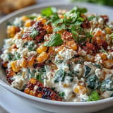 Creamy Mexican Street Corn Salad, zesty with lime and cilantro, ready to serve.