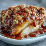 A slice of indulgent Father's Day Whiskey Caramel Apple Crisp, rich with caramel.