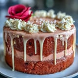 Pretty pink cake glistening with a delicate rosé velvet and shimmering gold drip.
