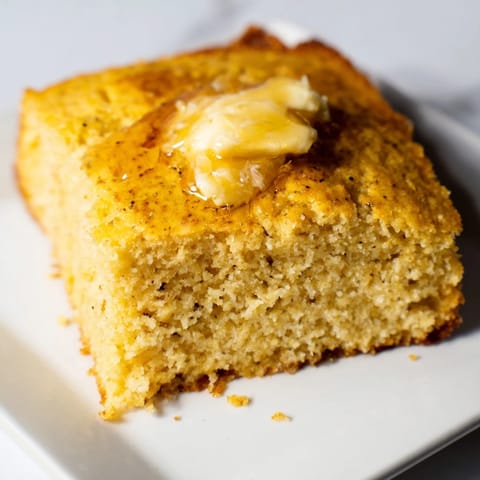 Close-up of golden brown cornbread: a moist crumb and inviting texture, perfect for a side dish.
