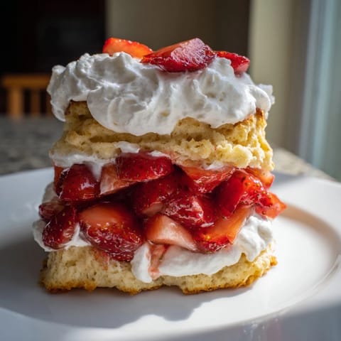 A close-up of a sweet strawberry shortcake, ideal for summer, with a perfect cream and berry ratio.