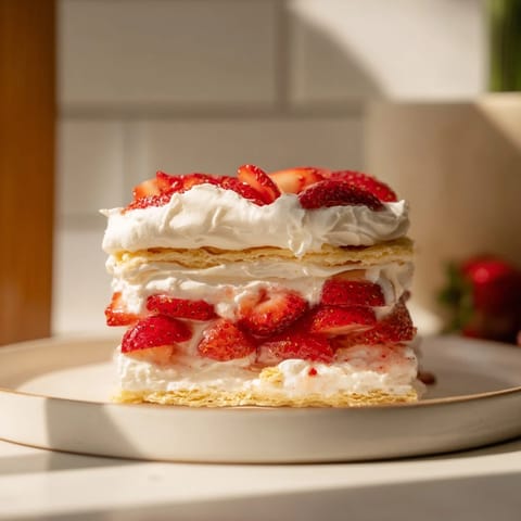 Fluffy strawberry shortcake biscuits are generously topped with juicy, sugared strawberries and whipped cream.