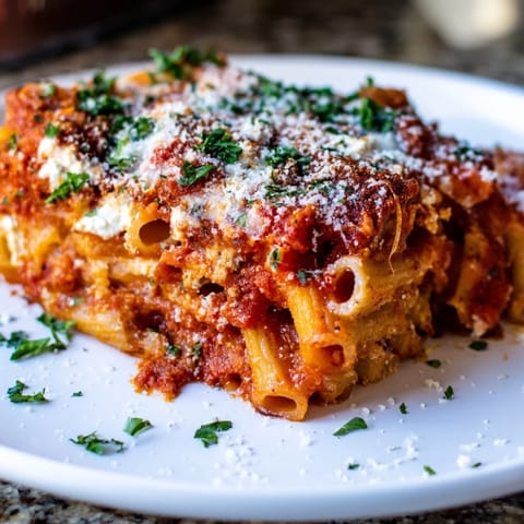 Golden-topped Baked Ziti shows off layers of pasta, creamy ricotta, and mozzarella glistening with deliciousness.