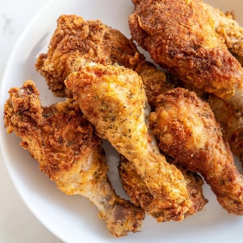 Golden, crispy fried chicken with perfectly seasoned, juicy meat, ideal for family dinner.