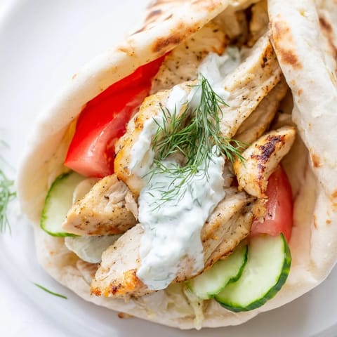A close-up of a Greek Chicken Wrap, showing juicy grilled chicken and vibrant veggies drizzled with cool tzatziki sauce.  