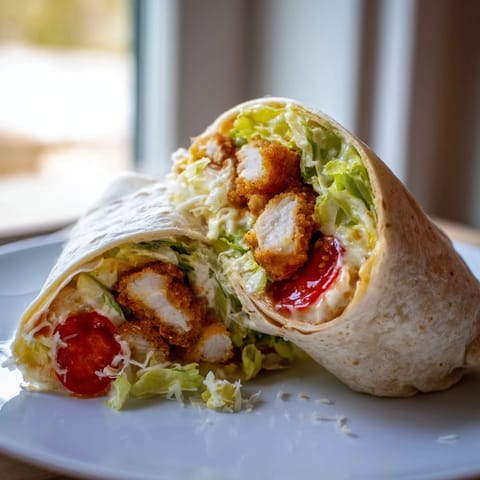 A handheld Hot Honey Chicken Caesar Wrap sliced in half, revealing layers of romaine lettuce and creamy Caesar dressing.  