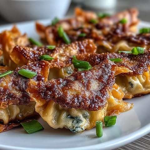 These smashed gyozas feature pan-fried wonton wrappers stuffed with savory pork and cabbage, garnished with green onions for a flavorful appetizer.  