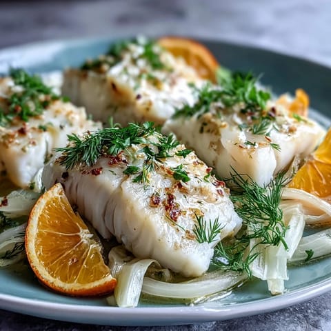 Golden poached cod fillets nestled in a skillet with tender fennel slices, orange segments, and a fragrant white wine broth.