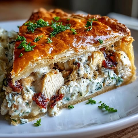A slice of rich Chicken and Leek Pie on a plate, served alongside buttered green peas for a comforting meal.