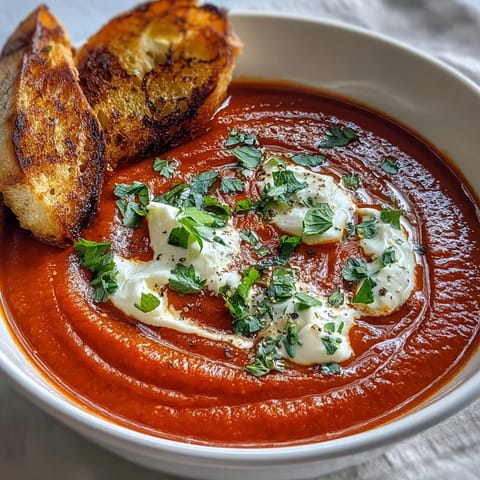 A bowl of roasted red pepper soup garnished with a swirl of crème fraîche and fresh cilantro.