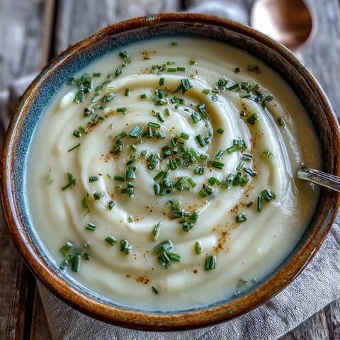 Classic Potato Leek Soup served hot with crusty bread on a rustic wooden table for dinner.