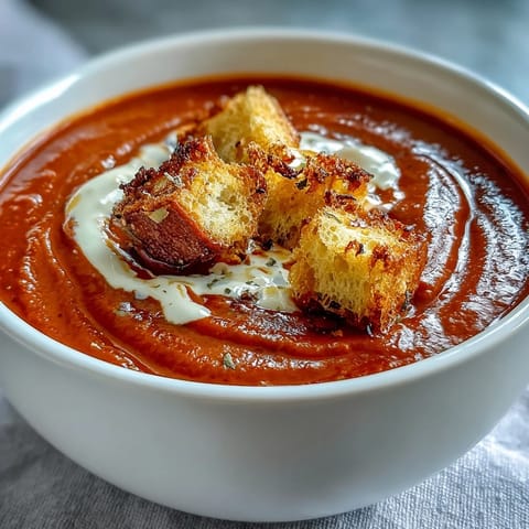 A bowl of Roasted Red Pepper Soup With Crispy Croutons garnished with fresh parsley and a cream swirl.