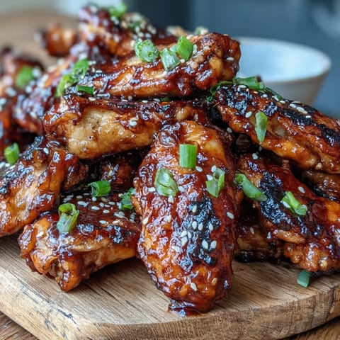 Golden-brown Coca Cola Chicken Wings glistening with a sticky glaze, garnished with sesame seeds and scallions on a platter.