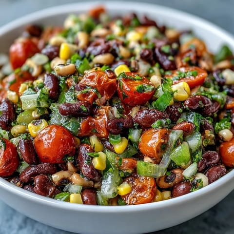 Colorful Cowboy Caviar salad with red onion and jalapeño, finished with fresh cilantro, ready as a zesty Tex-Mex side dish.