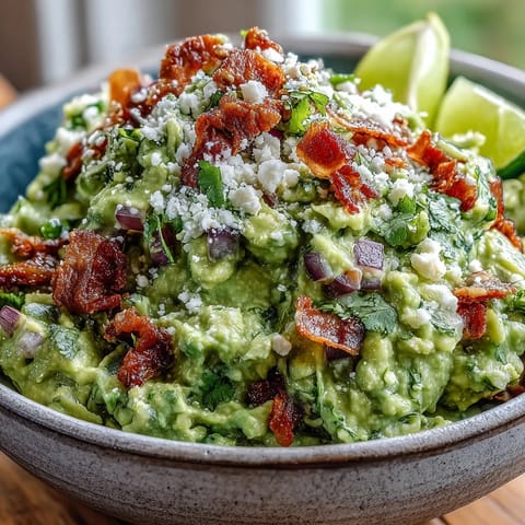 Creamy avocado dip topped with crispy bacon crumbles and crumbled Cotija cheese, finished with fresh cilantro, red onion, and a squeeze of lime.
