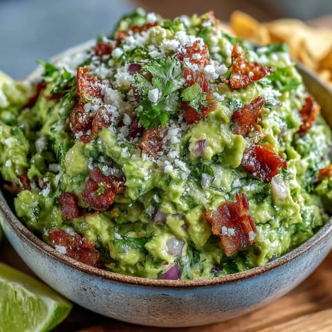Bacon Guacamole With Cotija Cheese served in a rustic bowl with sturdy tortilla chips for dipping and lime wedges for an extra zesty kick.