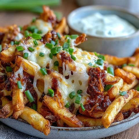 Golden crispy BBQ fries loaded with melted cheddar and fresh green onions, drizzled with creamy homemade ranch dip.