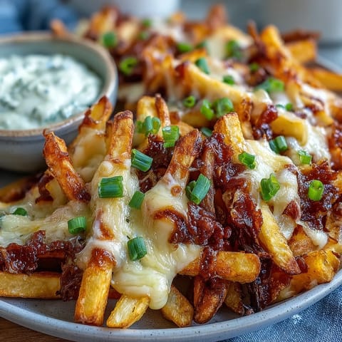 Oven-baked Cheesy BBQ Fries with Ranch Dip served hot and gooey on a dark plate for game day.