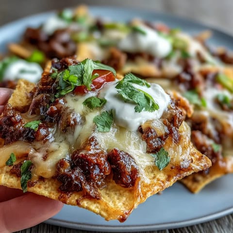 Crisp tortilla chips topped with smoky BBQ beef and bubbling cheese, ready to serve as a game day snack.