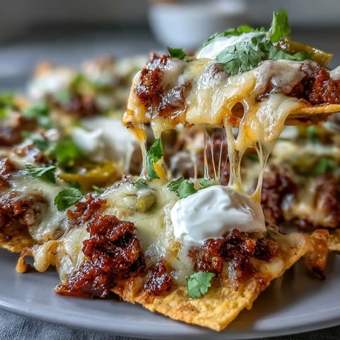 Melty cheddar and Monterey Jack cheese blankets ground beef nachos with jalapeños, onions, and fresh cilantro.