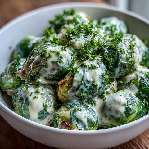 Tender Brussels sprouts in a silky cream cheese and mustard sauce, bubbling in a skillet ready for a vegetarian family dinner.