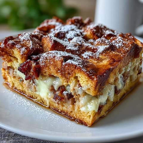 Golden-brown Monte Cristo Breakfast Casserole topped with powdered sugar and a drizzle of maple syrup.