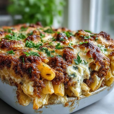 Golden, bubbling mozzarella tops a 9x13-inch dish of Cottage Cheese Protein Pasta Bake with Ground Beef, garnished with fresh parsley.