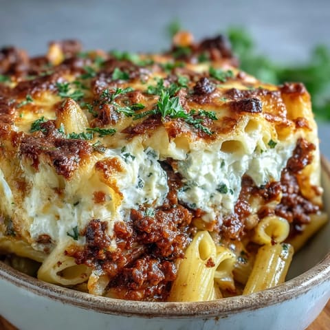 A rustic bowl holds a scoop of Cottage Cheese Protein Pasta Bake with Ground Beef, revealing creamy textures and rich red sauce.