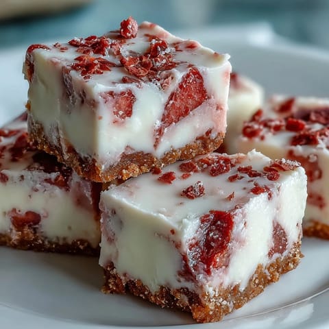 Vibrant pink squares of No-Bake Strawberry Fudge rest on a graham cracker crust with fresh strawberry garnish.