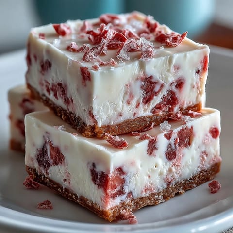 No-Bake Strawberry Fudge Squares chilled and sliced, showcasing a creamy white chocolate texture and easy homemade dessert presentation.