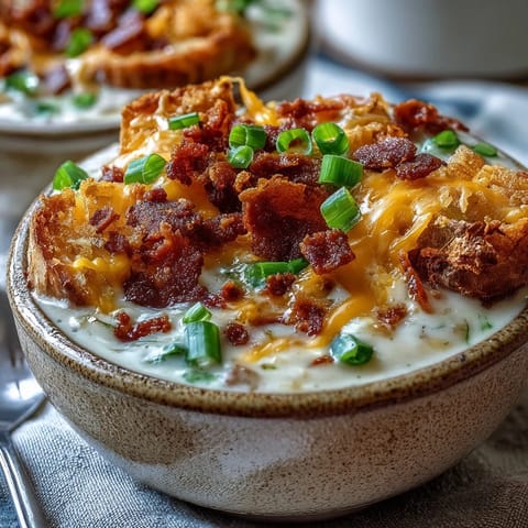 Creamy Loaded Potato Soup garnished with crispy bacon, shredded cheddar, and fresh green onions, steaming in a rustic bowl.