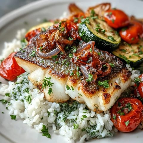 Pan-seared fish bowl with golden fish fillet over fluffy rice and colorful roasted vegetables, drizzled with lemon sauce.