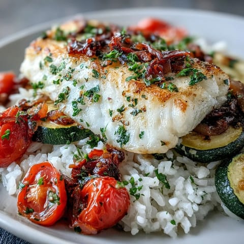 Golden-brown pan-seared fish bowl featuring tender white fish, aromatic rice, and zesty roasted veggies on a fork.