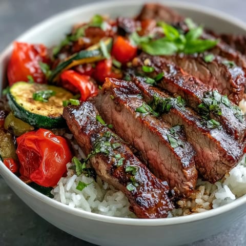 Juicy sliced steak, roasted peppers and zucchini over fluffy rice in a vibrant Sheet Pan Steak and Veggie Bowl.