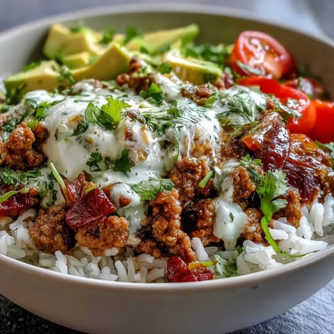 Hearty Turkey Taco Bowl featuring seasoned ground turkey over fluffy rice, topped with fresh lettuce, avocado, and cheddar cheese.
