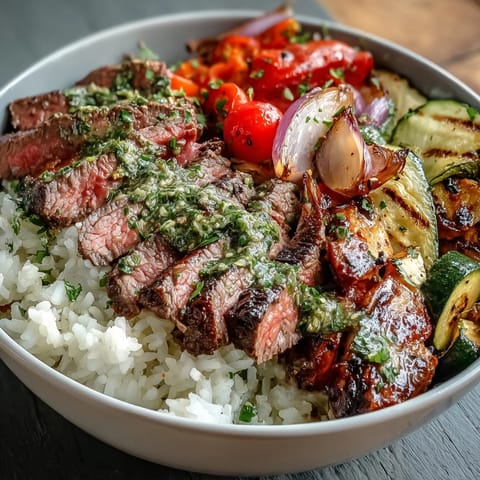 A close-up of a Grilled Steak Bowl with glistening chimichurri sauce, bell peppers, zucchini, and tender beef over steaming rice.