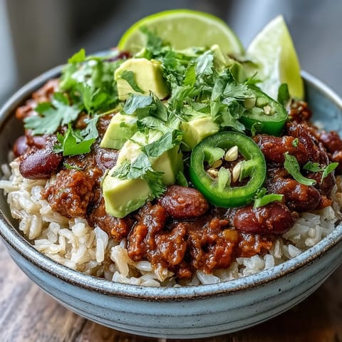 Hearty chili bowl base served over fluffy white rice, topped with shredded cheddar, sour cream, and fresh cilantro.
