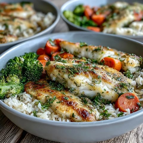 Golden herb-baked tilapia fillets rest on fluffy white rice with bright green broccoli and orange carrots.
