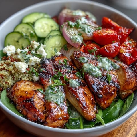 Zesty lemon vinaigrette grilled chicken served over quinoa with fresh vegetables and feta cheese. Healthy and flavorful bowl perfect for lunch or dinner.