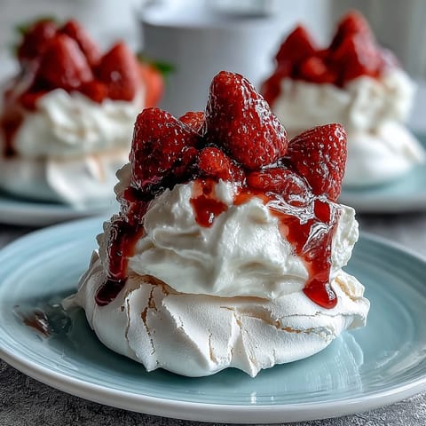 Delightful mini pavlovas filled with clouds of whipped cream and fresh strawberry slices, a perfect spring dessert.