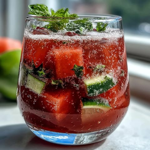 Refreshing watermelon lime sparkling punch with ice cubes, mint leaves, and citrus slices served in chilled glasses for a festive summer drink.  