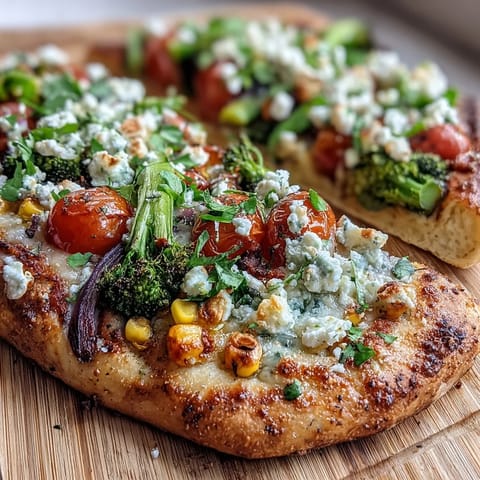 Vibrant St. Patrick's Day rainbow veggie flatbread pizza with colorful fresh vegetables arranged in a festive pattern.