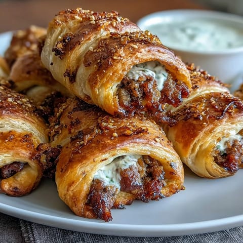 Golden mini pigs in a blanket with flaky crescent dough, served with tangy honey mustard dipping sauce for a perfect party appetizer.  