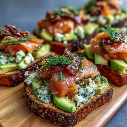 Spring Brunch Avocado Toast Board with Smoked Salmon, featuring creamy avocado, fresh vegetables, and smoked salmon on rustic bread.