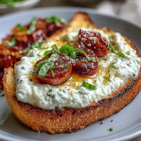 Creamy burrata and juicy honey-glazed peaches atop rustic sourdough toast for a vibrant spring brunch centerpiece.