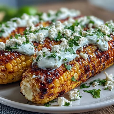 Creamy elote-style microwave corn on the cob with tangy Cotija cheese and chili powder
